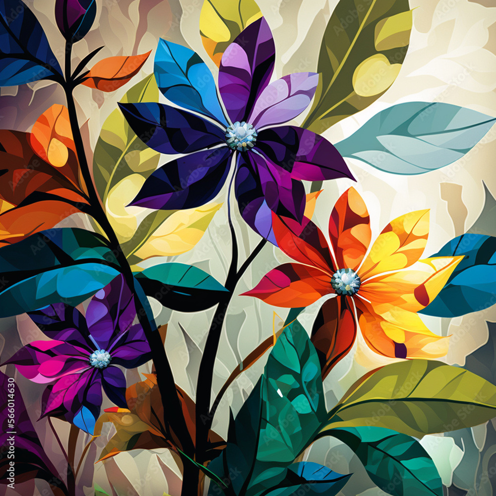 Original floral design with exotic flowers and tropic leaves. Colorful flowers on light background.