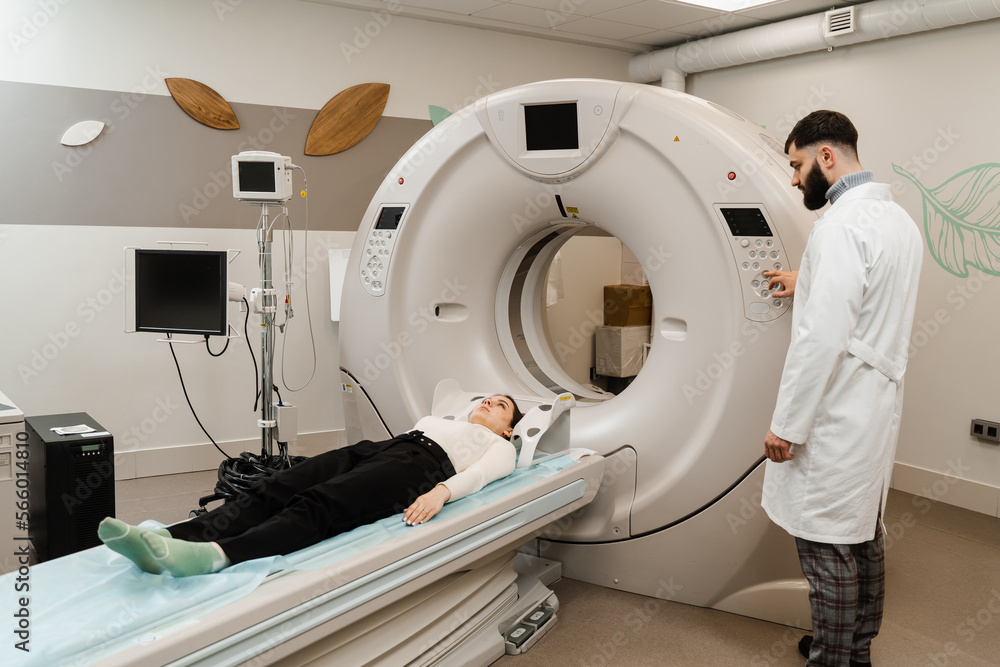 Computed tomography CT scan process for examination brains. CT scanning