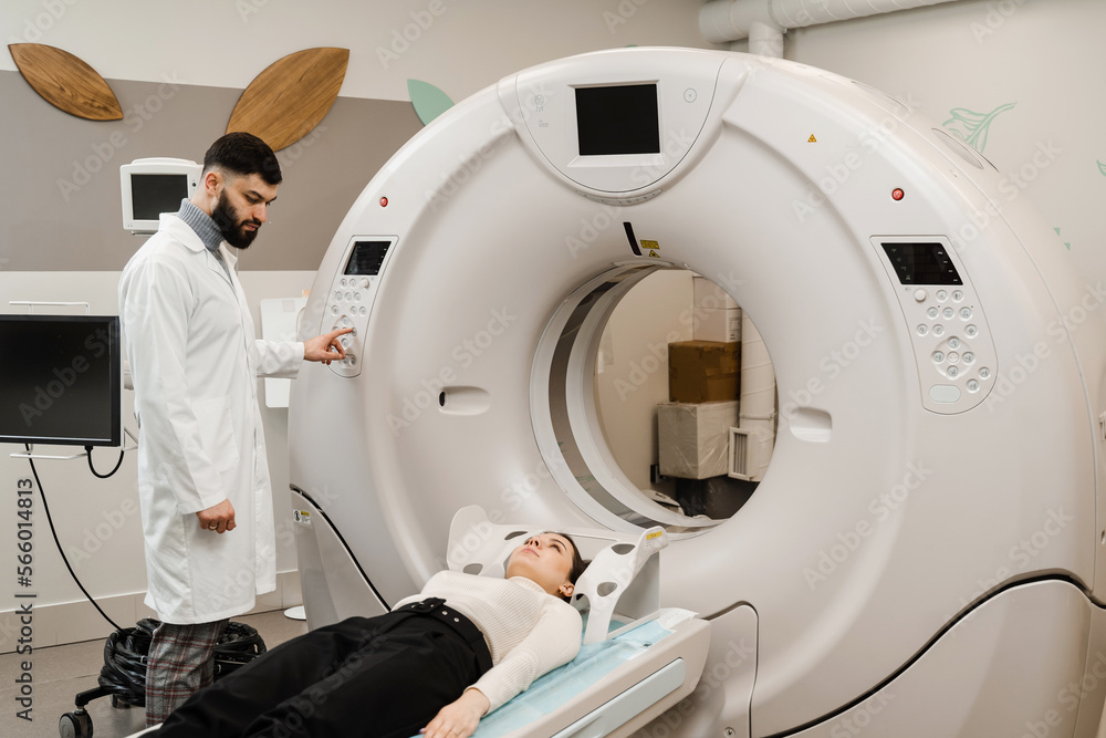 Computed tomography CT scan process for examination brains. CT scanning of the brains