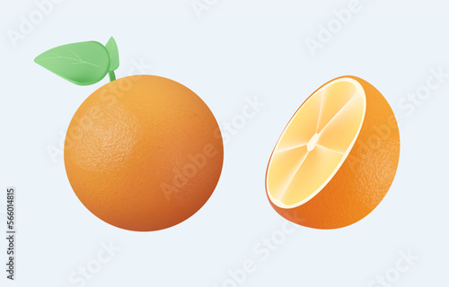 3D Icon set Orang fruit. Oranges that are segmented on a white background. Fresh orange fruits, collection of 3D render vector illustrations. Half sliced citrus orange. Orange juice or vitamin vector