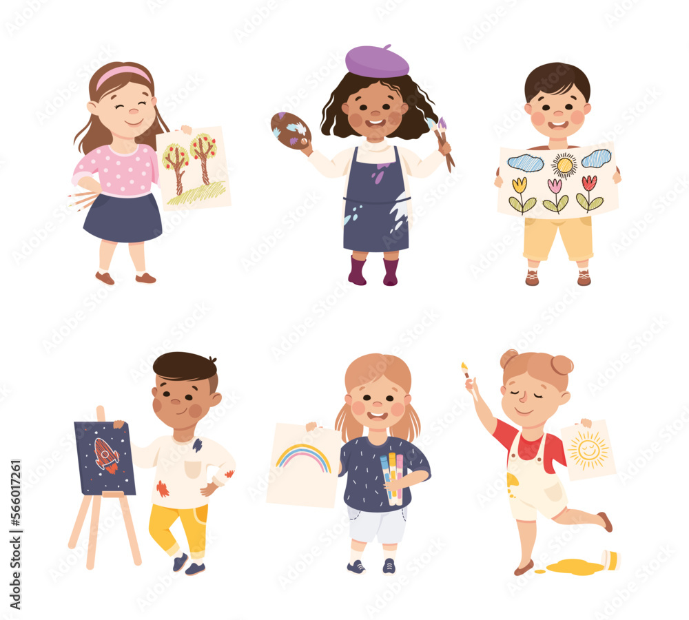 Happy Cute Kids Drawing and Painting on Paper and Canvas with Brush and Color Pen Vector Set Happy Cute Kids Drawing and Painting on Paper and Canvas with Brush and Color Pen Vector Set