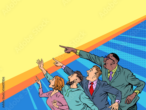 People point with their hand. Template advertising announcement news sale. Businessman woman man Pop art style