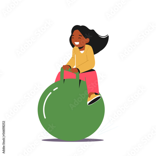 Kid Bouncing On Hopper Ball, Black Toddler Girl Jumping on Fitness Ball Isolated on White Background. Cheerful Child