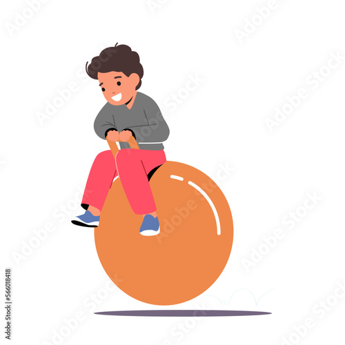 Baby Boy Jump On Fitball. Kid Jumping On Fitness Ball Isolated On White Background. Little Child Character Activity