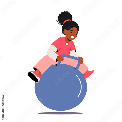 Black Baby Jump On Fitball. Funny Kid Girl Jumping On Fitness Ball. Little Child Character Amusement, Fun