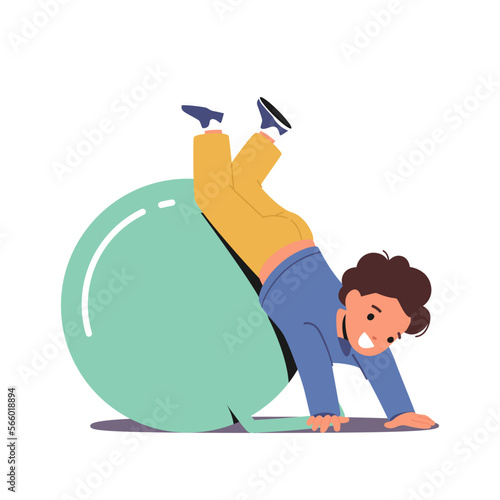 Toddler Kid Jumping And Playing With Fitness Ball Isolated On White Background. Little Child Character Fun, Activity