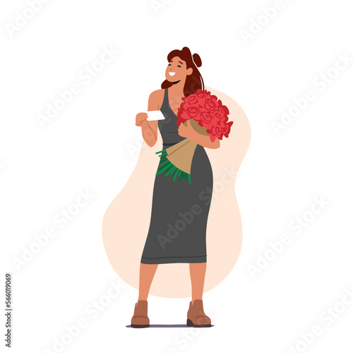 Surprised Girl Get Bouquet With Card From Courier For Valentine Day Or Birthday. Love, Human Relation, Dating