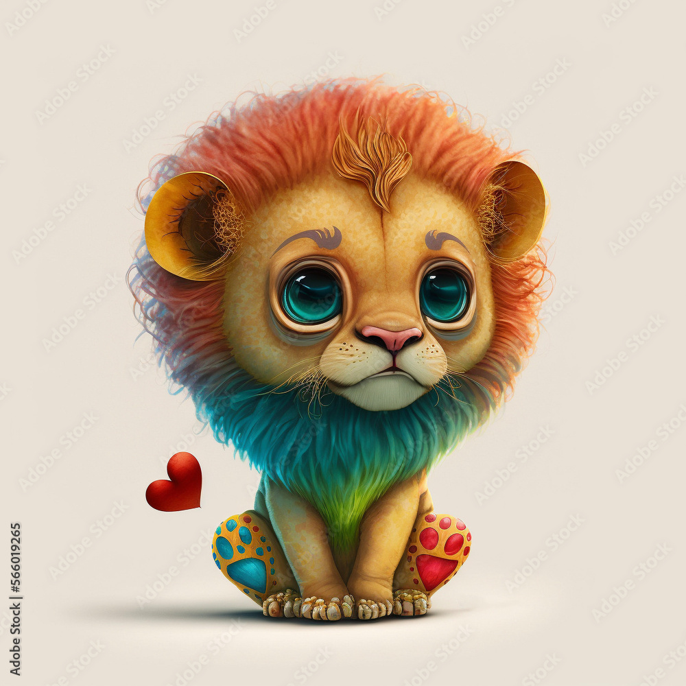 Obraz premium Adorable Valentines Day Animal. Baby Lion. Cub. Hearts. Graphics Resource. generative ai