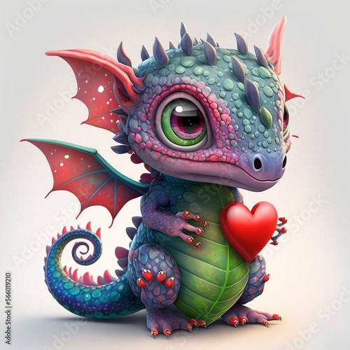 Adorable Valentines Day Animal. Baby Dragon. Love. Hearts. Graphics Resource. generative ai