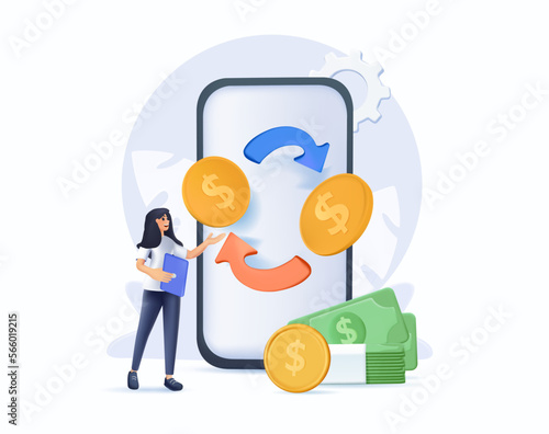 Financial illustration 3D cartoon style illustration. Character paying online and receiving bonus money or reward back on credit card. Cashback, financial savings money exchange 3D Vector illustration