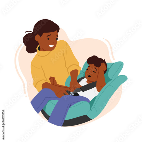 Cute Little Boy Sitting On Car Baby Seat With Mother Holding Him While Fasten Safety Belt Family Prepare For Road Trip