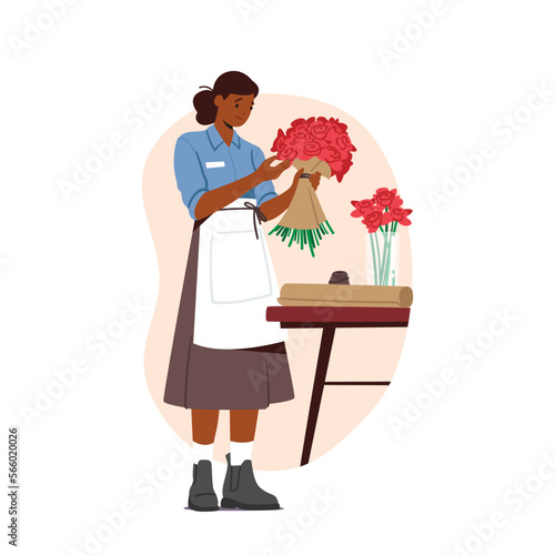 Florist Profession, Job, Flower Shop Stuff Working. Saleswoman Making Flower Bouquets, Creating Compositions