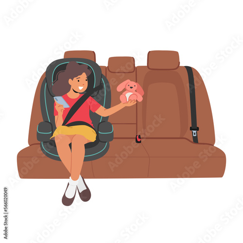 Child Safety And Comfortable Travel Concept. Kid Girl Character Sitting On Car Seat, Happy Kid In Comfortable Chair photo