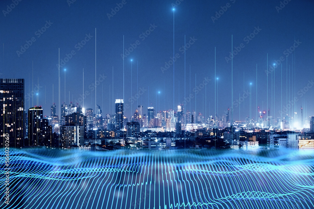 Smart city and big data connection technology concept with digital blue wavy wires with antennas on night megapolis city skyline background, double exposure - obrazy, fototapety, plakaty 