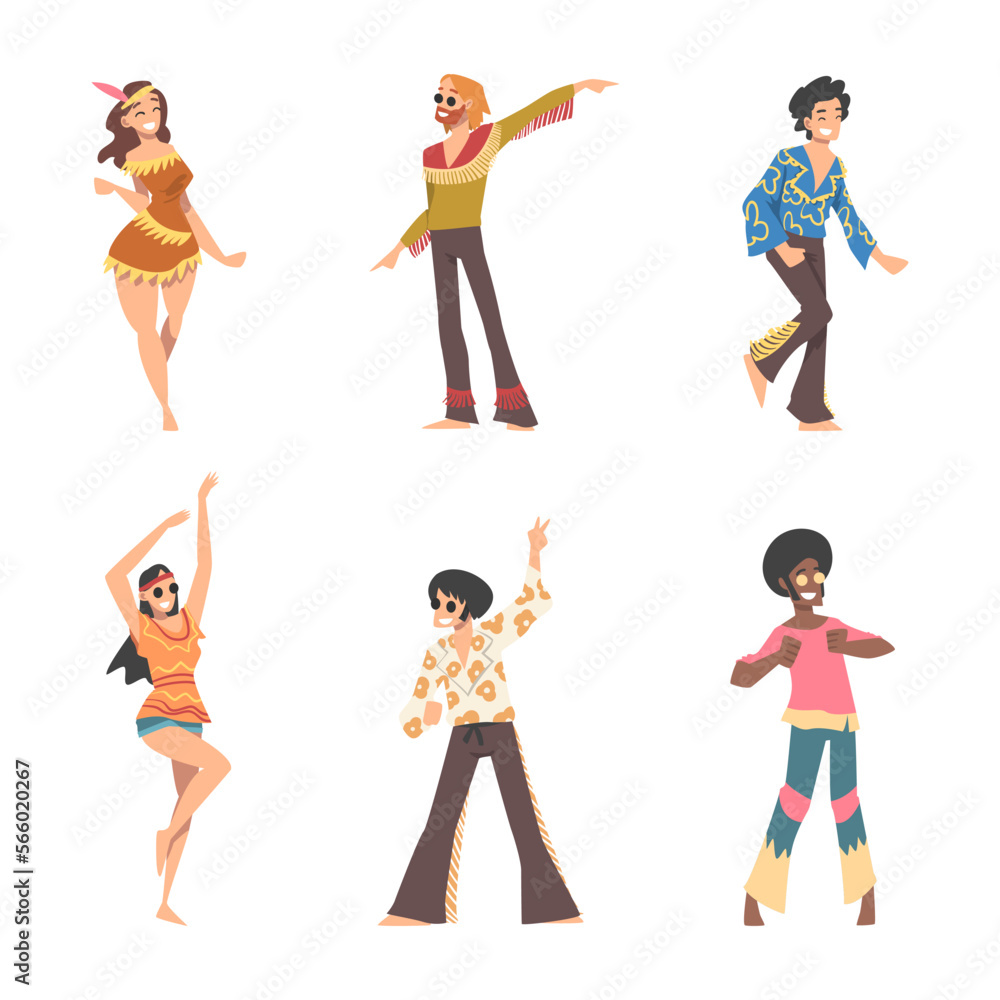 Fototapeta premium Hippie People Character in Retro Style Clothing Standing and Dancing Vector Set