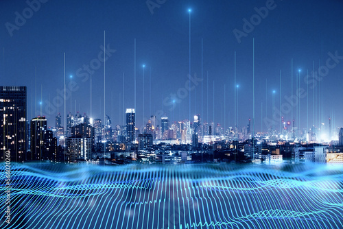 Fototapeta Smart city and big data connection technology concept with digital blue wavy wir