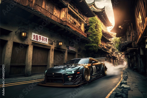 Fast sports car racing through Japanese Streets-AI Generated photo