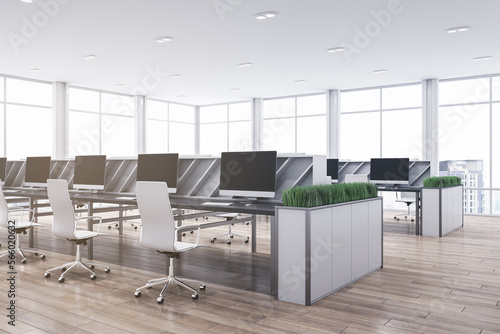Bright spacious bright coworking office interior. Wooden and concrete materials. Panoramic window with city view and daylight. Corporation, law and legal concept. 3D Rendering.