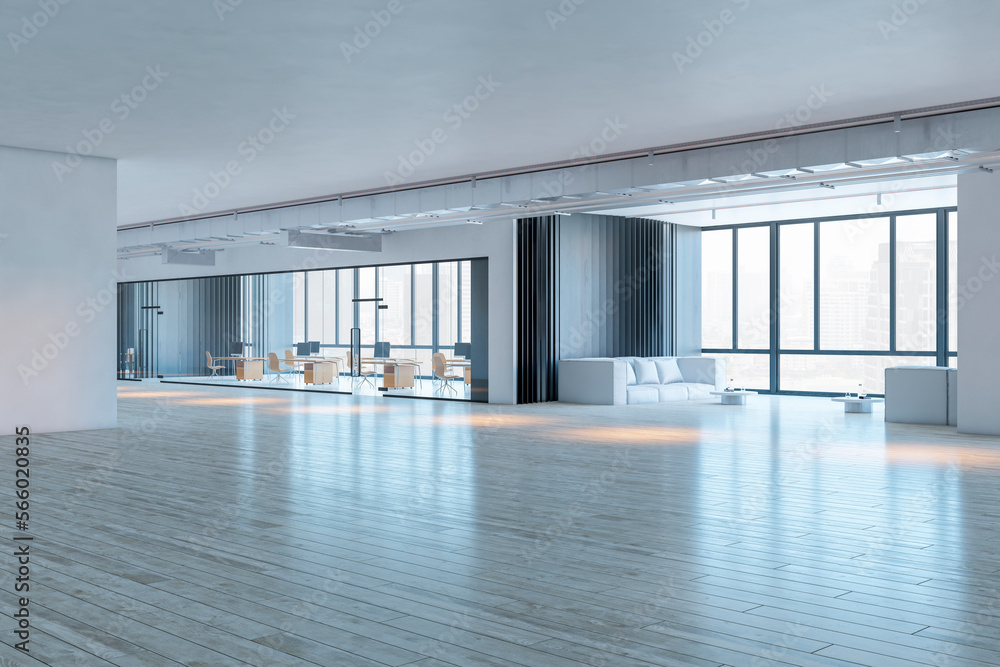 Obraz premium Contemporary glass corridor office interior with window and city view. Workplace concept. 3D Rendering.