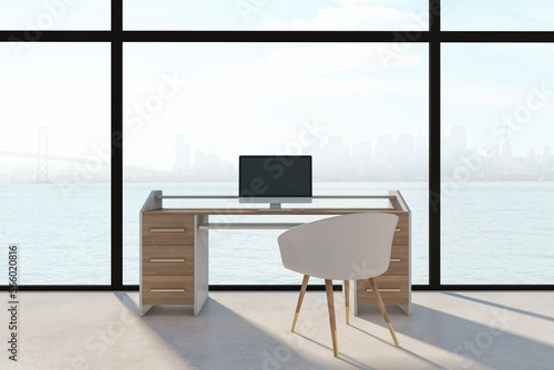 Light loft attic office interior with furniture, panoramic window and city view. 3D Rendering.