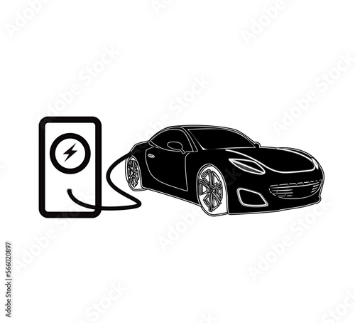 Electro car charging station vector illustration. Charging sport car black and white isolated over white background banner. Eco transportation concept