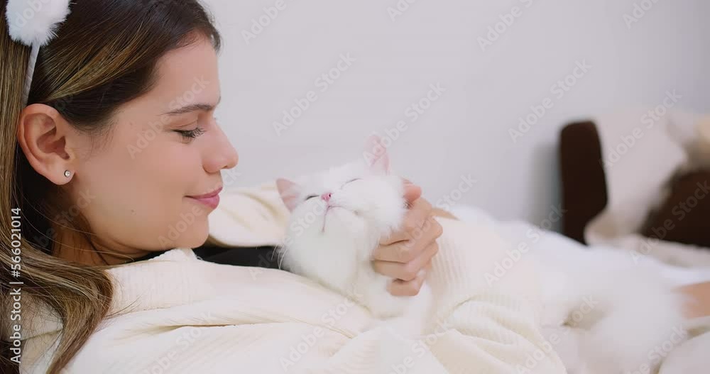 Attractive woman petting cute little fluffy white cat on sofa in living room, owner stroking domestic cat animals at home, Relationship between pets and people. Attractive woman petting cute little fluffy white cat on sofa in living room, owner stroking domestic cat animals at home, Relationship between pets and people.