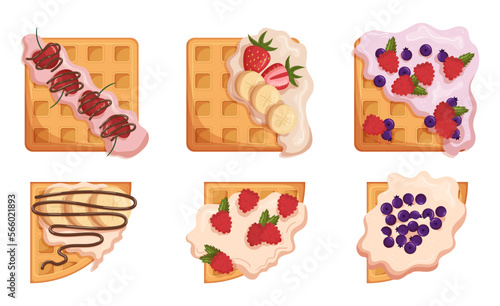 Set Of Belgian Waffles, Square And Corner Wafers, Homemade Pastry Decorated With Fresh Berries And Chocolate, Ice Cream