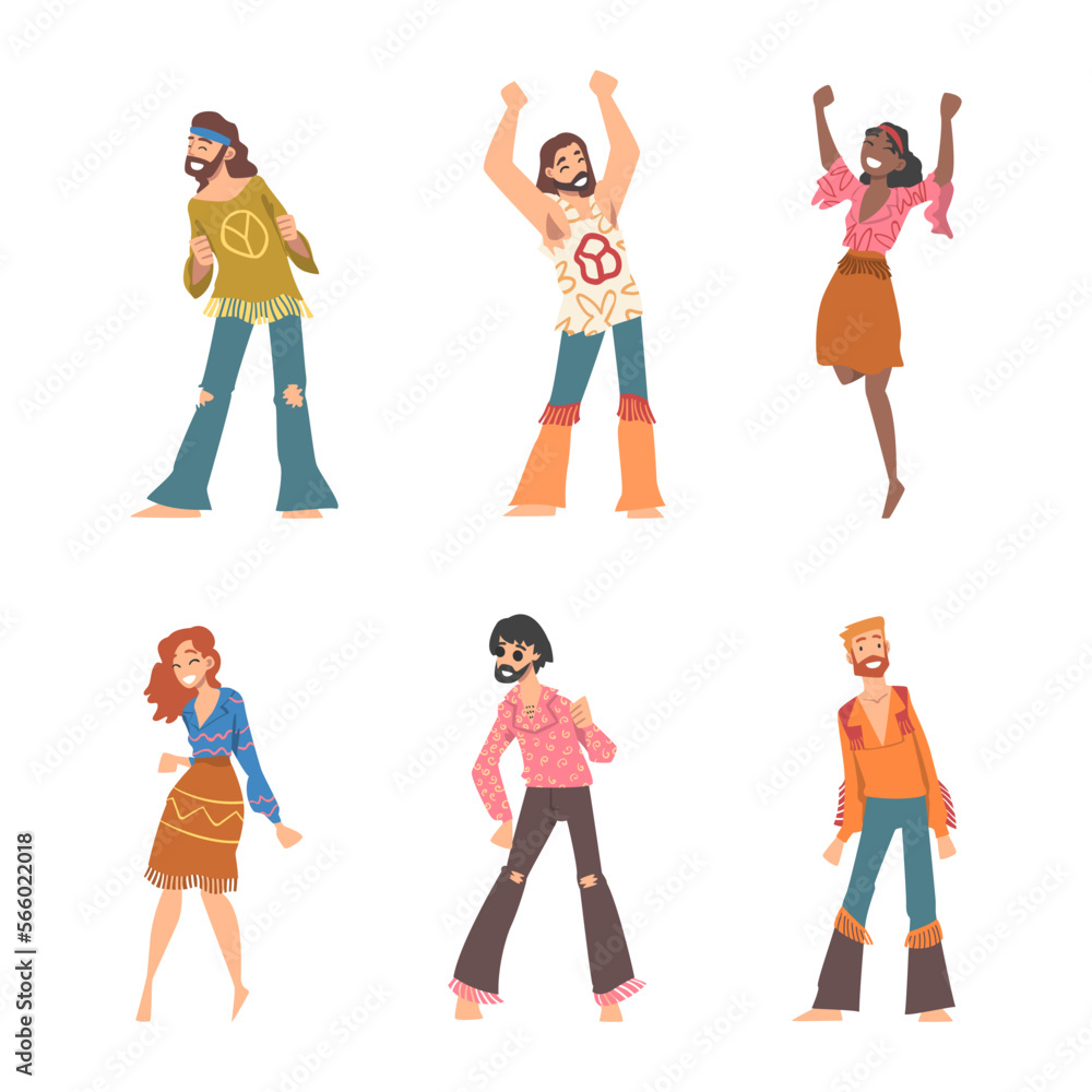 Hippie People Character in Retro Style Clothing Standing and Dancing Vector Set