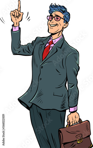 Joyful businessman points his finger up. Confidence and leadership. Direction