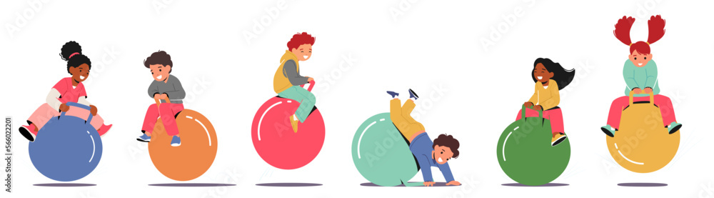 Kids Jumping On Fitness Ball Isolated On White Background. Little Children Characters Having Amusement Fun - obrazy, fototapety, plakaty 
