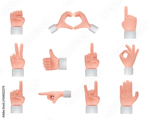 3D icon set of cartoon-style hand gestures. Collection of realistic hands showing different gestures signs. Vector illustration