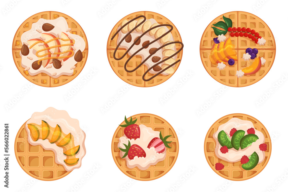Set Of Round Belgian Waffles, Homemade Pastry Decorated With Fresh Berries And Fruits, Wafers With Jam, Chocolate Set Of Round Belgian Waffles, Homemade Pastry Decorated With Fresh Berries And Fruits, Wafers With Jam, Chocolate