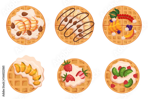 Set Of Round Belgian Waffles, Homemade Pastry Decorated With Fresh Berries And Fruits, Wafers With Jam, Chocolate