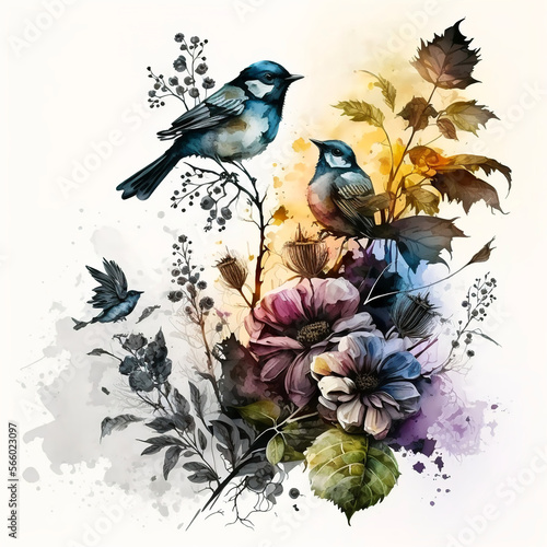 Silhouettes flowers and birds, watercolor painting spring summer colored background, generated ai photo