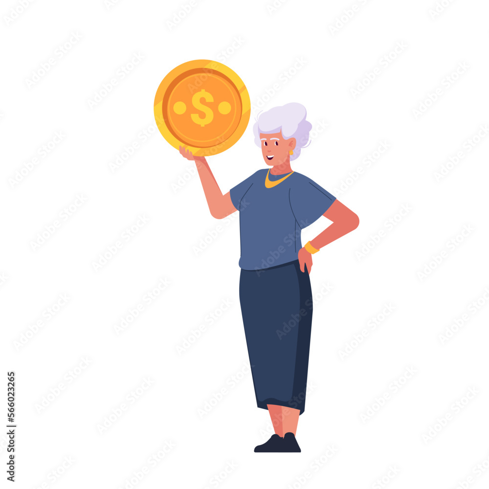 Senior Woman Character Holds Large Golden Coin. Prosperous Life in Old Age. Cartoon People Vector Illustration Senior Woman Character Holds Large Golden Coin. Prosperous Life in Old Age. Cartoon People Vector Illustration