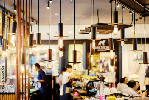 Light, bulb and lantern. Cafe and bar interior.