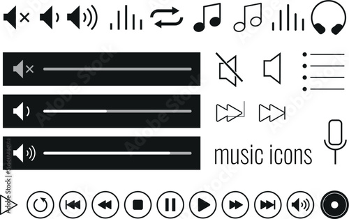 Music line icons. Set of Musical note, Vinyl record icons, Sound check, Mic. Music and sound icon set. Music sign. Vector