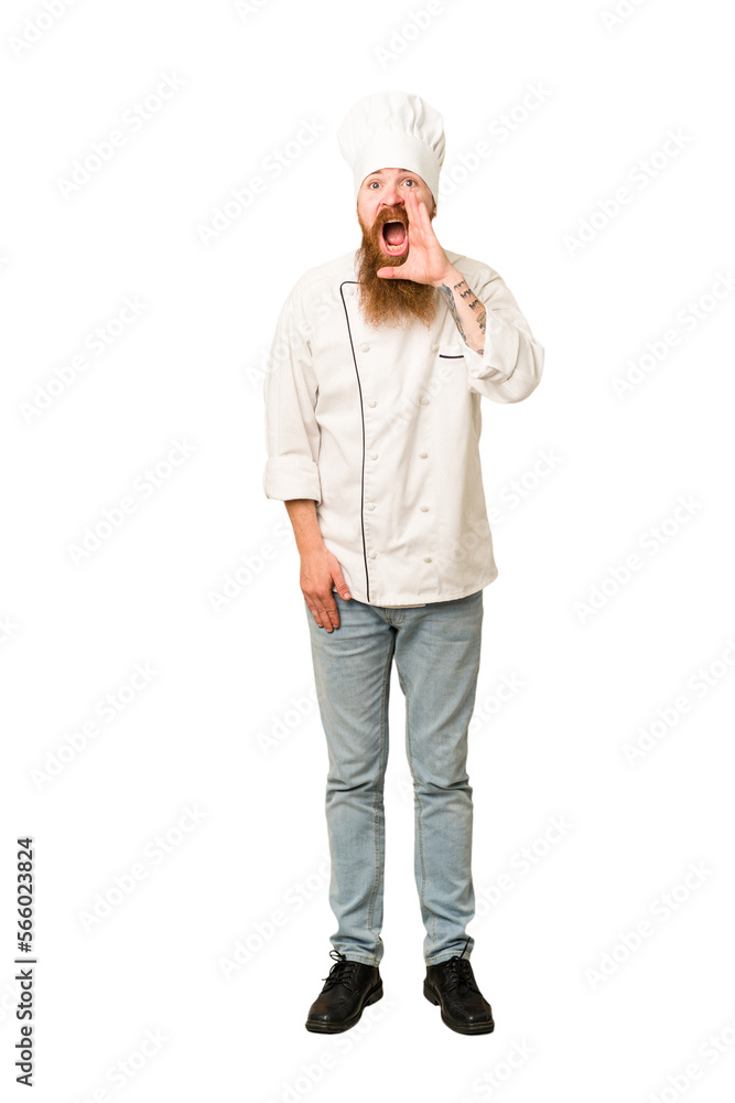 Full body adult cook man cut out isolated shouting and holding palm near opened mouth. Full body adult cook man cut out isolated shouting and holding palm near opened mouth.