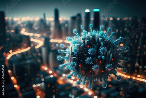 Close up virus microbe with blur cityscape background, idea concept of ppidemic situation and measurement to solve problem, Generative Ai