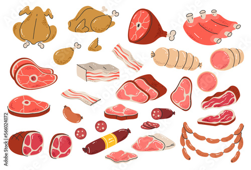 Meat beef chicken vector food illustration sausage cartoon raw chopped barbecue ingredient concept set. Vector design graphic illustration