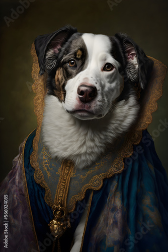 Italian Renaissance oil painting of a fancy dog. Portrait style illustration. Classical design. Generative AI.