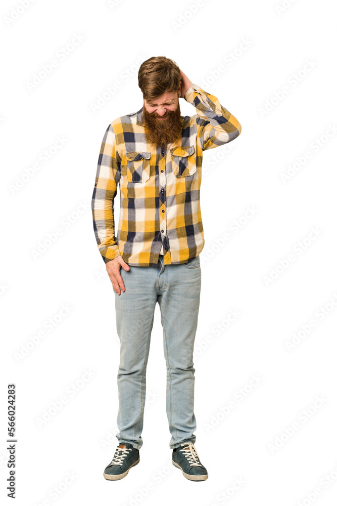 Young adult redhead man with a long beard standing full body isolated suffering neck pain due to sedentary lifestyle. Young adult redhead man with a long beard standing full body isolated suffering neck pain due to sedentary lifestyle.