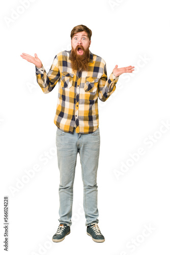 Young adult redhead man with a long beard standing full body isolated doubting and shrugging shoulders in questioning gesture.