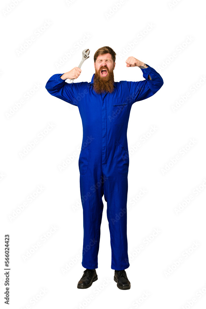 Fototapeta premium Adult mechanic man holding a wrench ful body cut out isolated