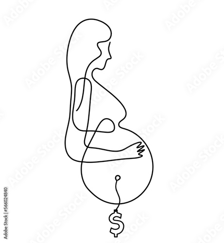 Mother silhouette body with dollar as line drawing picture on white