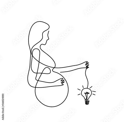 Mother silhouette body with light bulb as line drawing picture on white