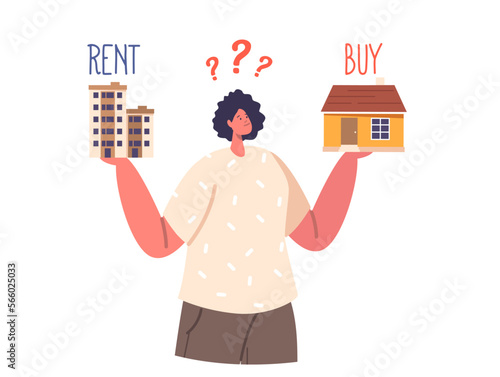Financial Choice between Buying and Rent Apartment Isolated on White Background. Cartoon People Vector Illustration