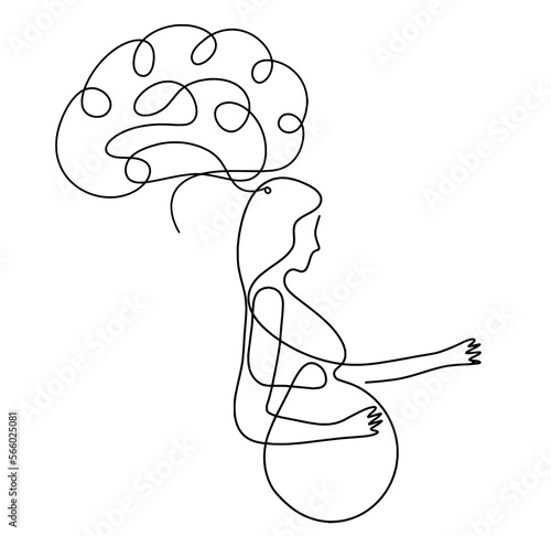 Mother silhouette body with brain as line drawing picture on white