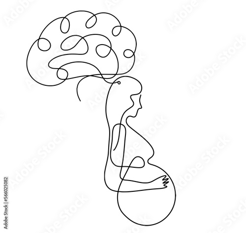 Mother silhouette body with brain as line drawing picture on white