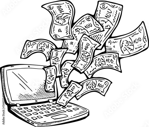Money cash flying into and out of wallet. Income transfer, currency revenue, inflation and deflation, finance and business theme. Hand drawing illustration. Cartoon style line drawing.